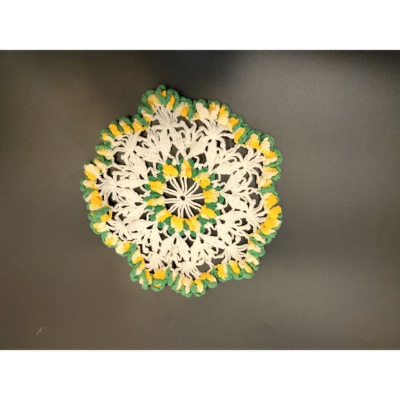 Hand Crocheted Doily Round White Green Yellow Grannycore Vintage 9 inch - Picture 2 of 5